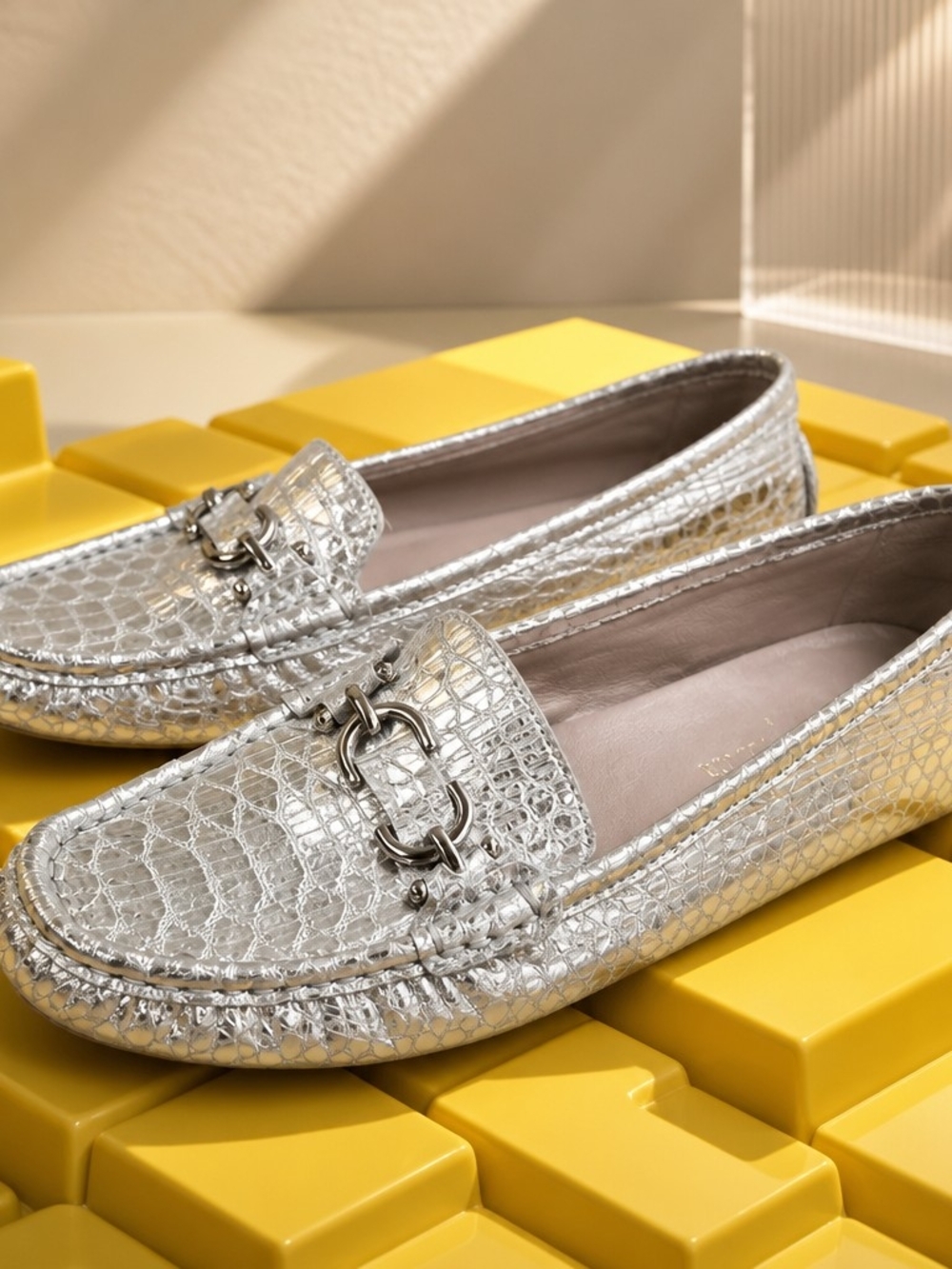 Donald J. Pliner Metallic Silver Croc-Embossed Loafers